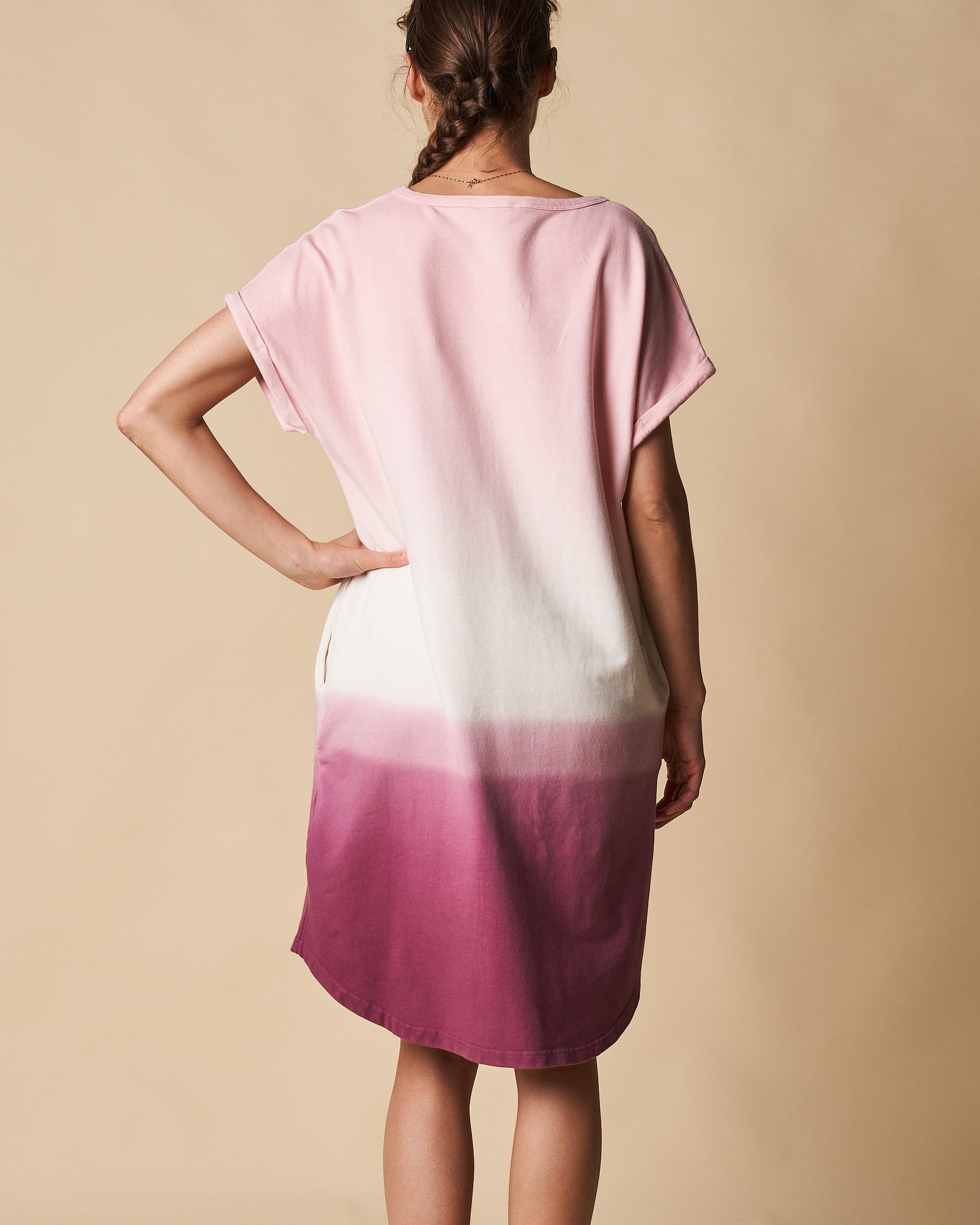 Roll Up Sleeve Slouch Dress With Pockets - Pink