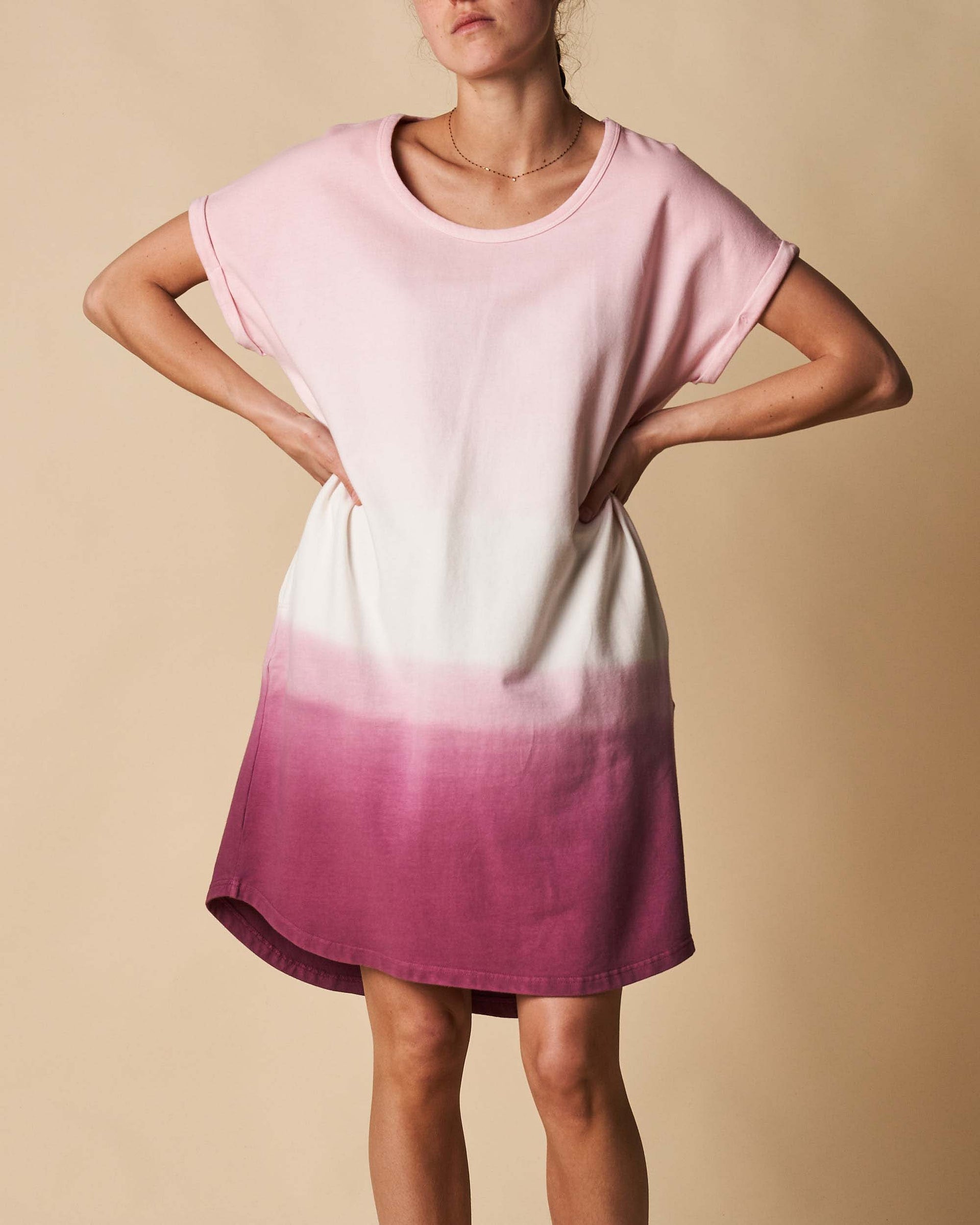 Roll Up Sleeve Slouch Dress With Pockets - Pink