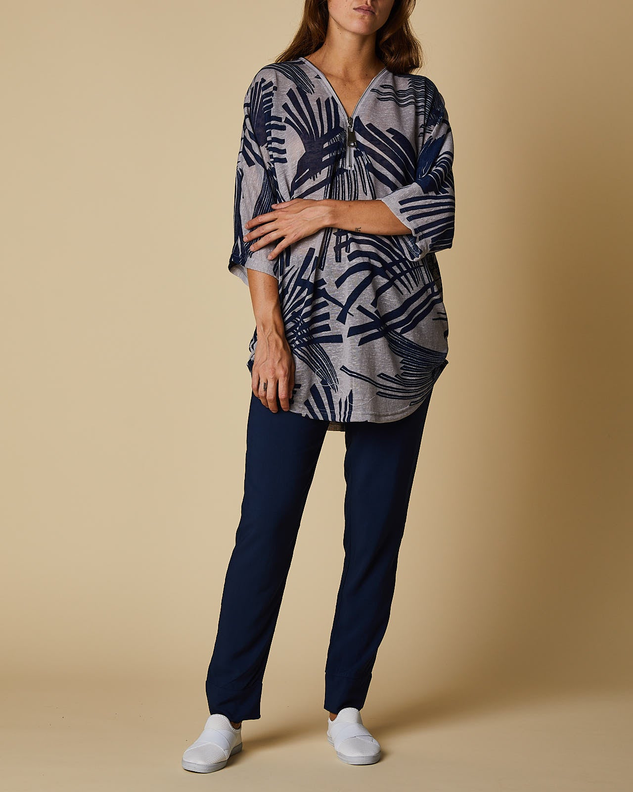 3/4 Sleeve Zip Front Top