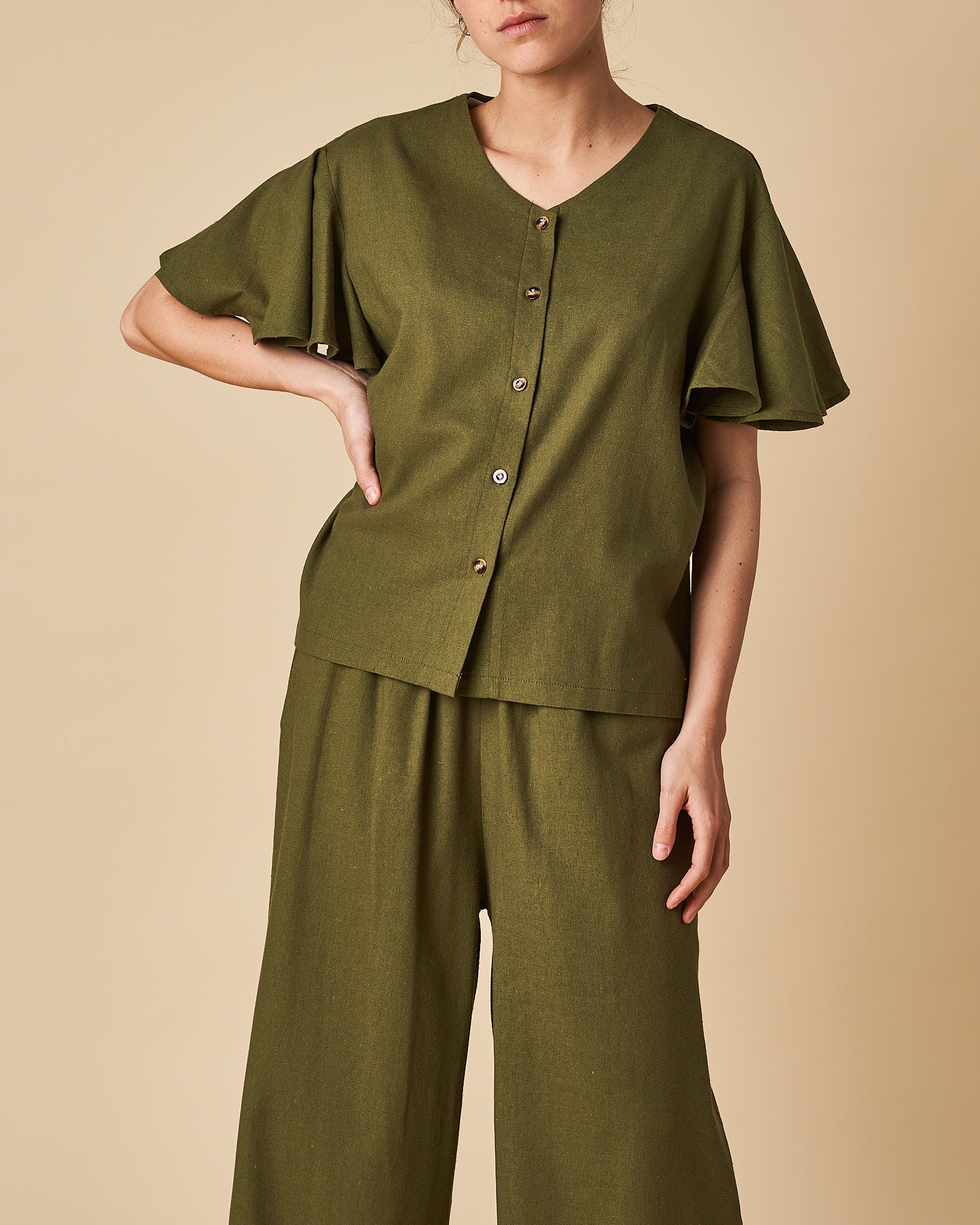 Button Front Flute Sleeve Top