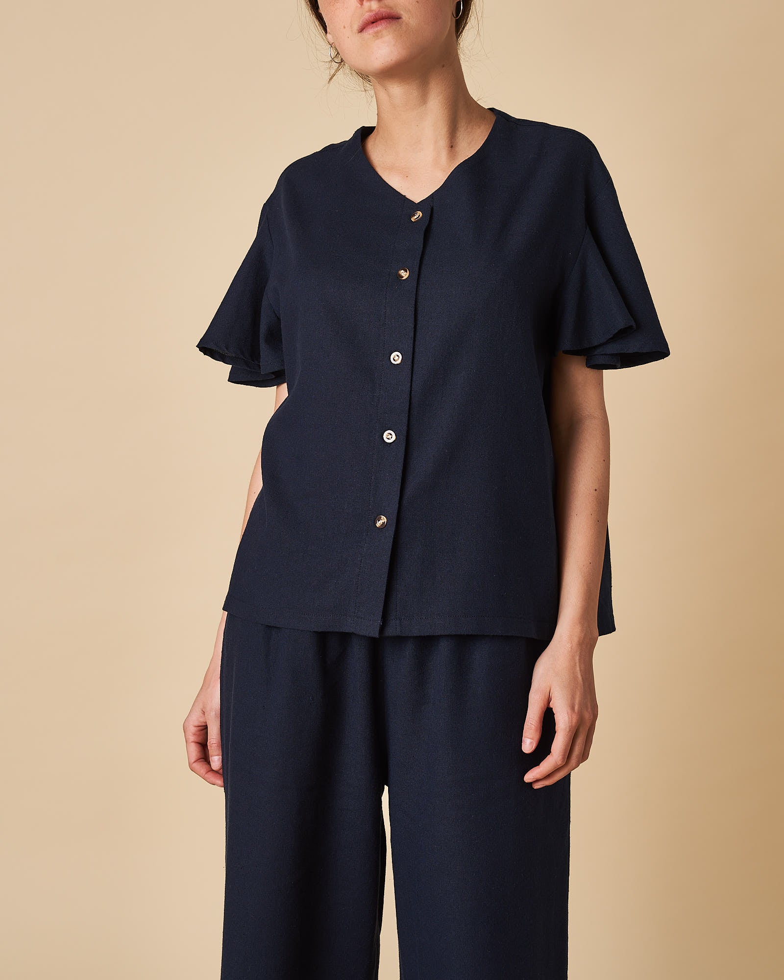 Button Front Flute Sleeve Top