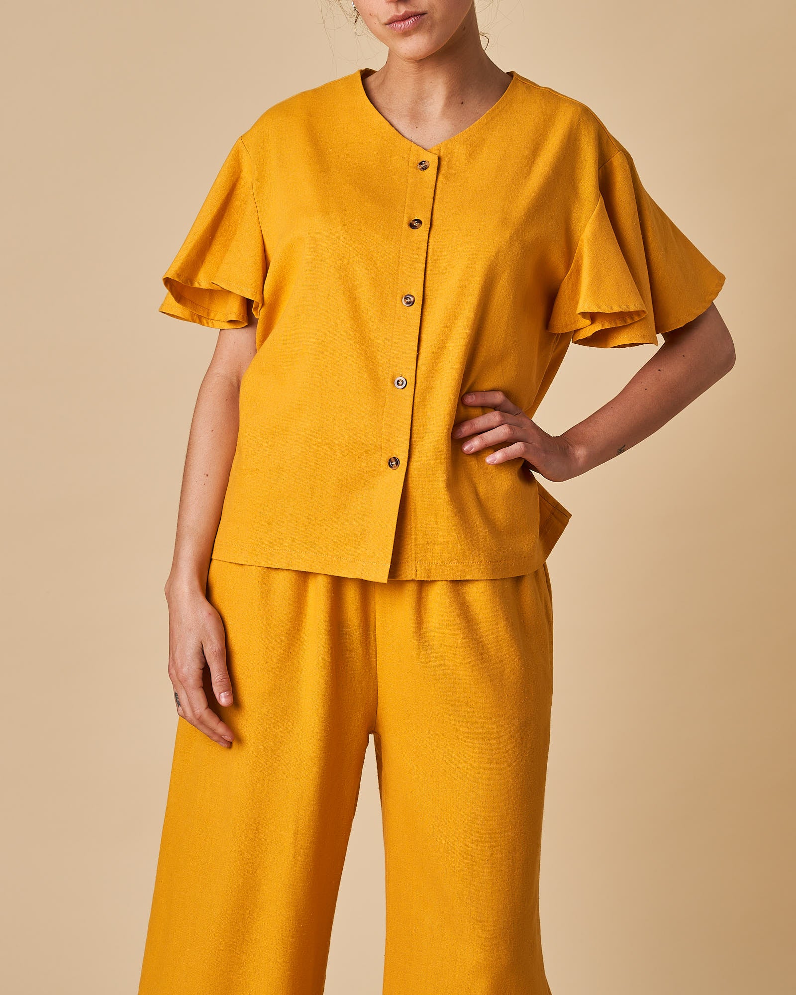 Button Front Flute Sleeve Top