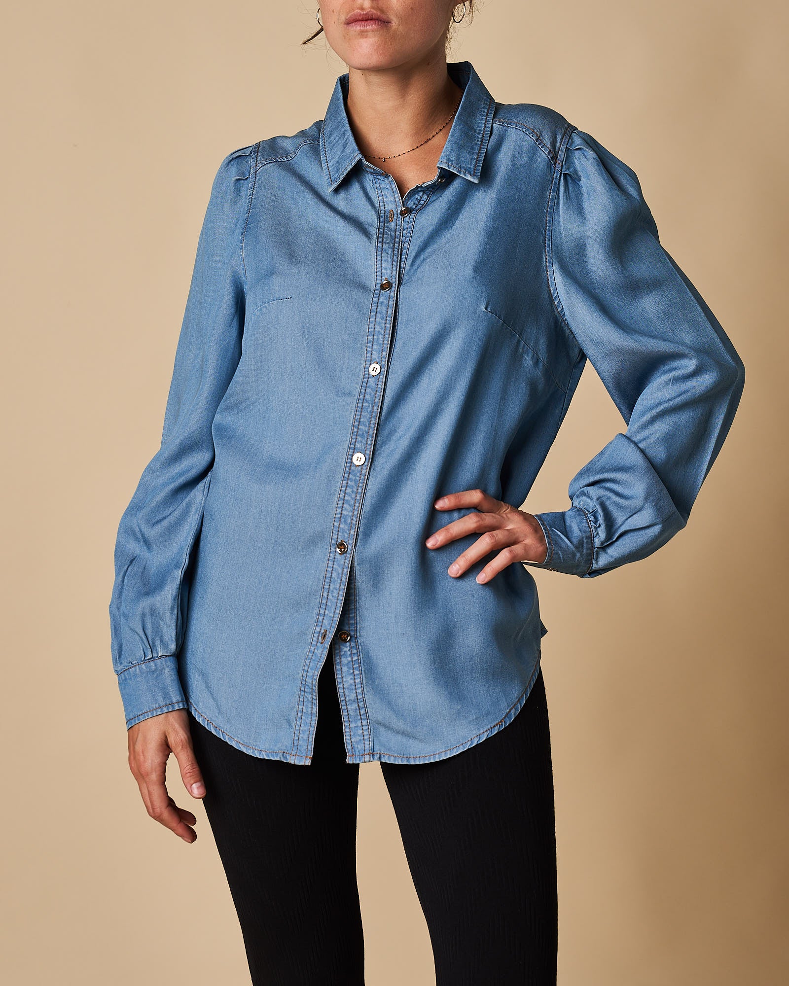 Tencel Shirt with Pleat Sleeve Detail