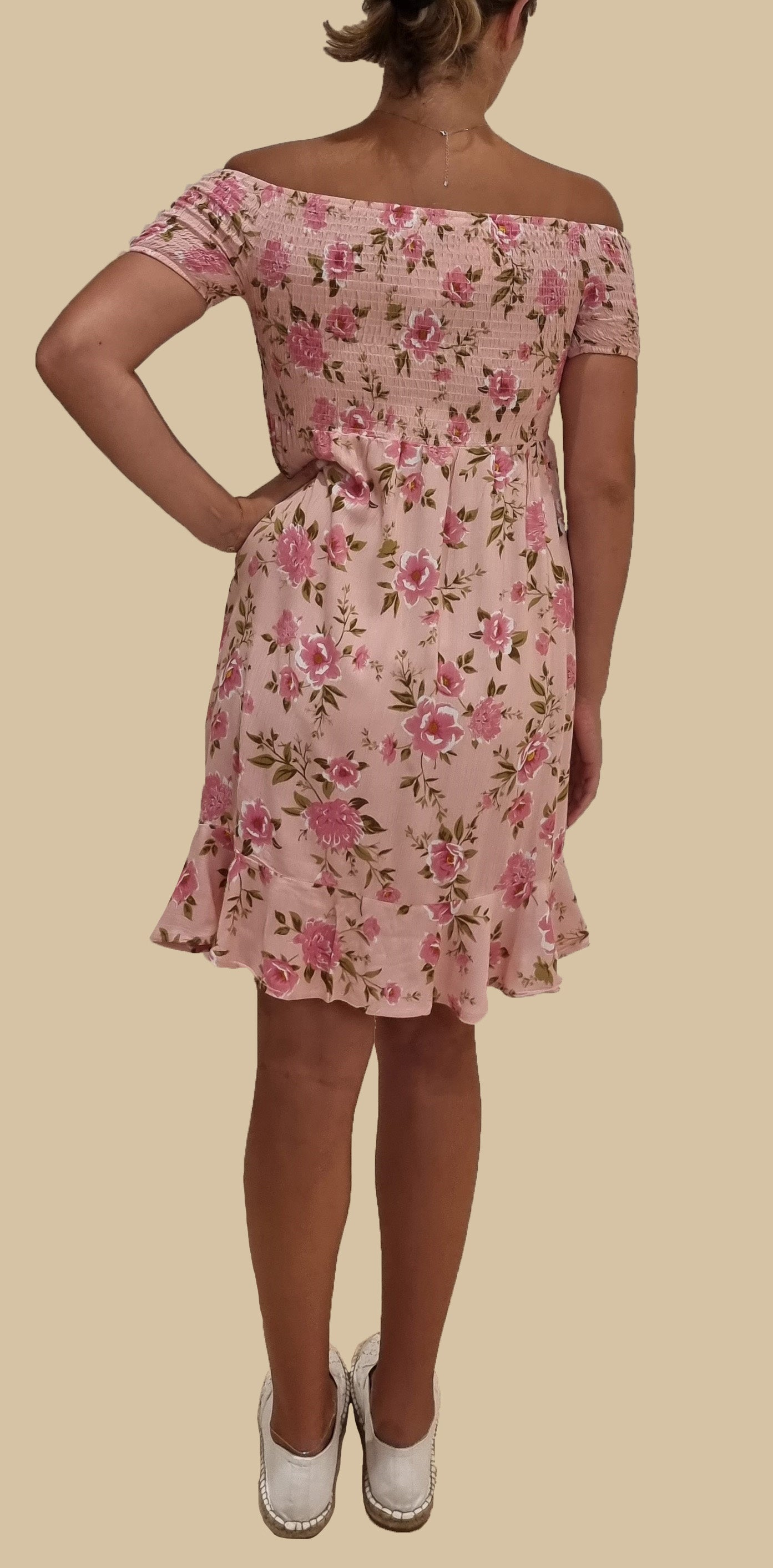 Shoulder Dress w/ Shirred Bodice