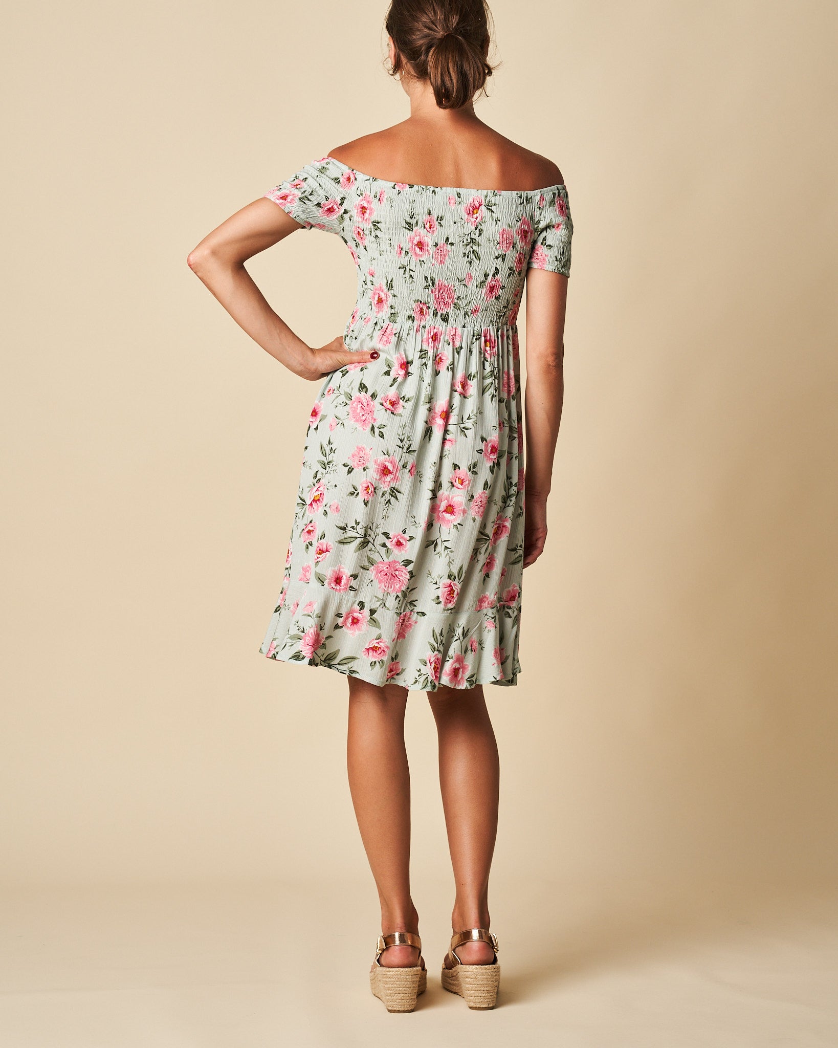 Shoulder Dress w/ Shirred Bodice
