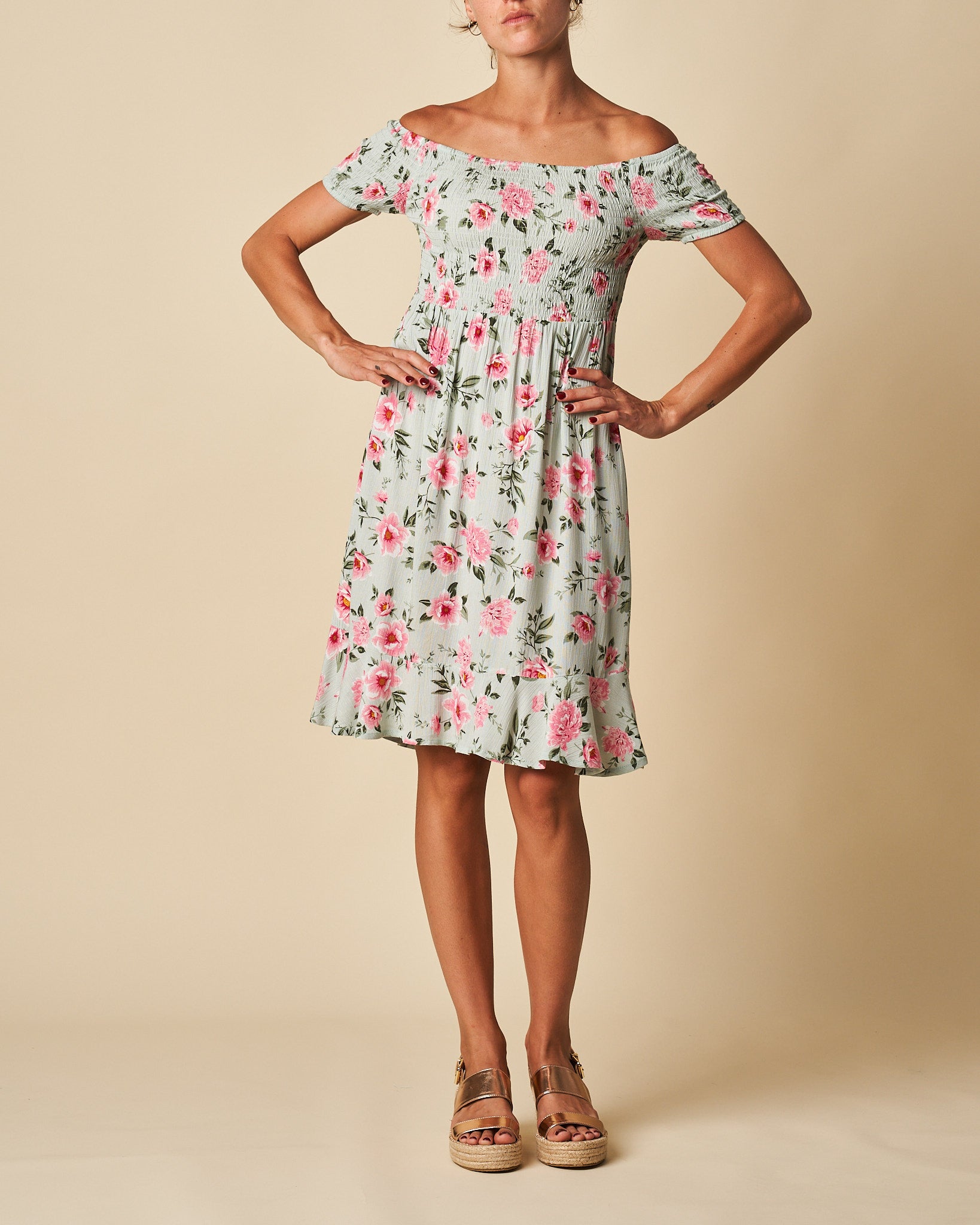 Shoulder Dress w/ Shirred Bodice