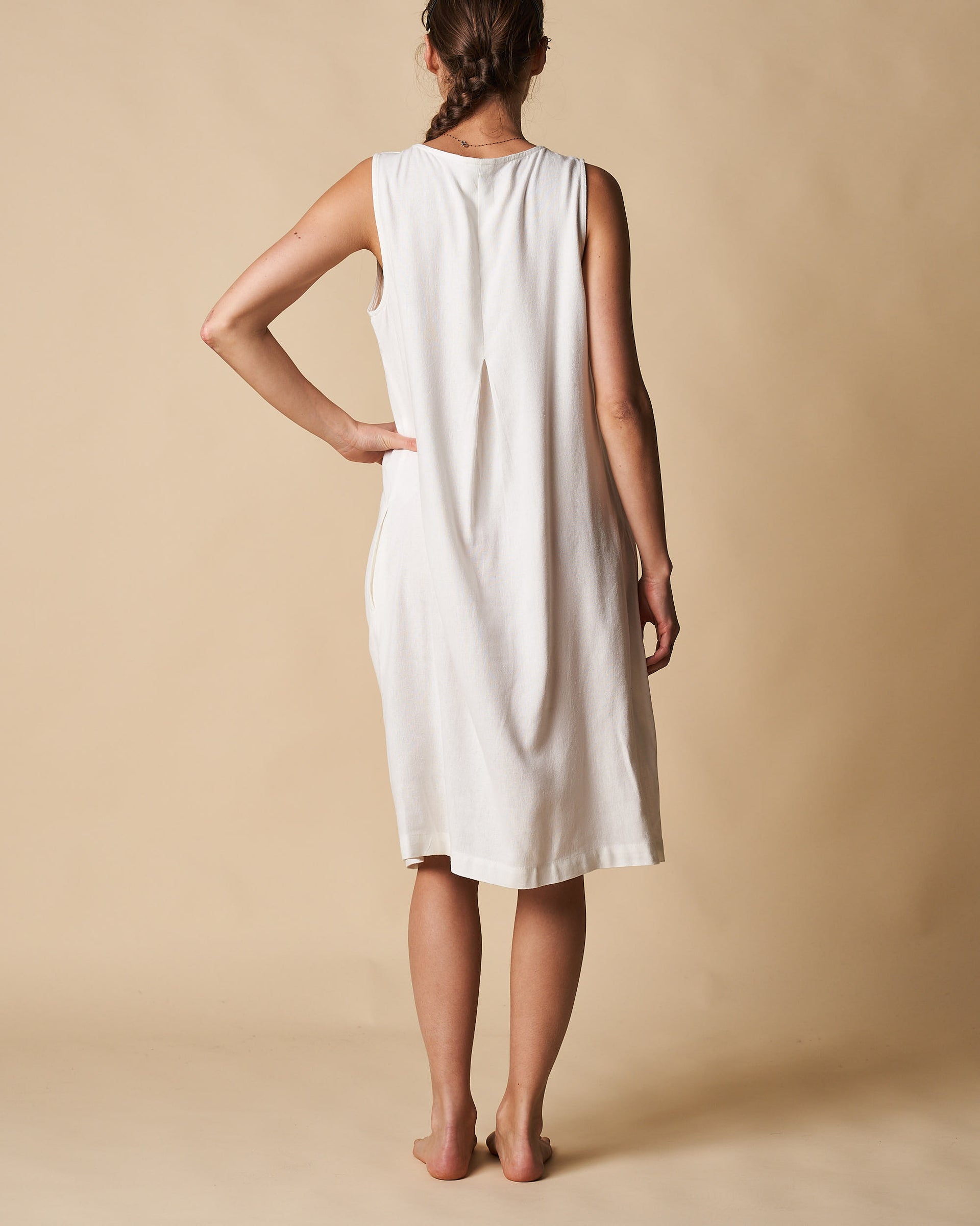 V - Neck Pleat Front Dress - White