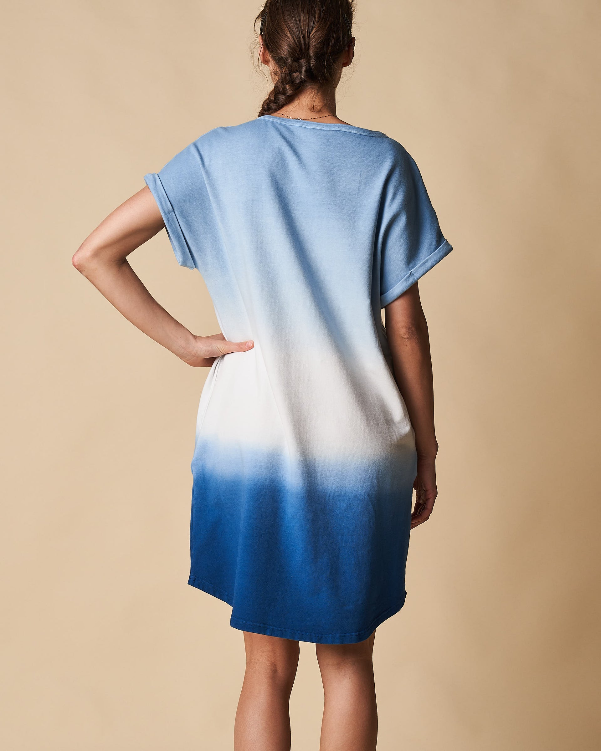 Roll Up Sleeve Slouch Dress With Pockets - Blue