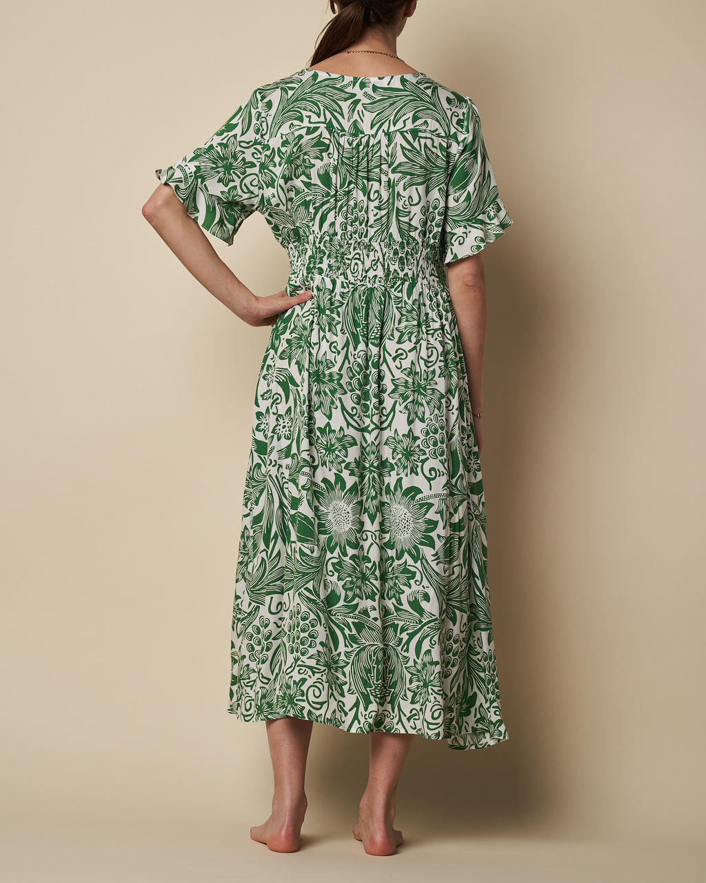 SHIR WAIST LONG DRESS W/ SPLIT