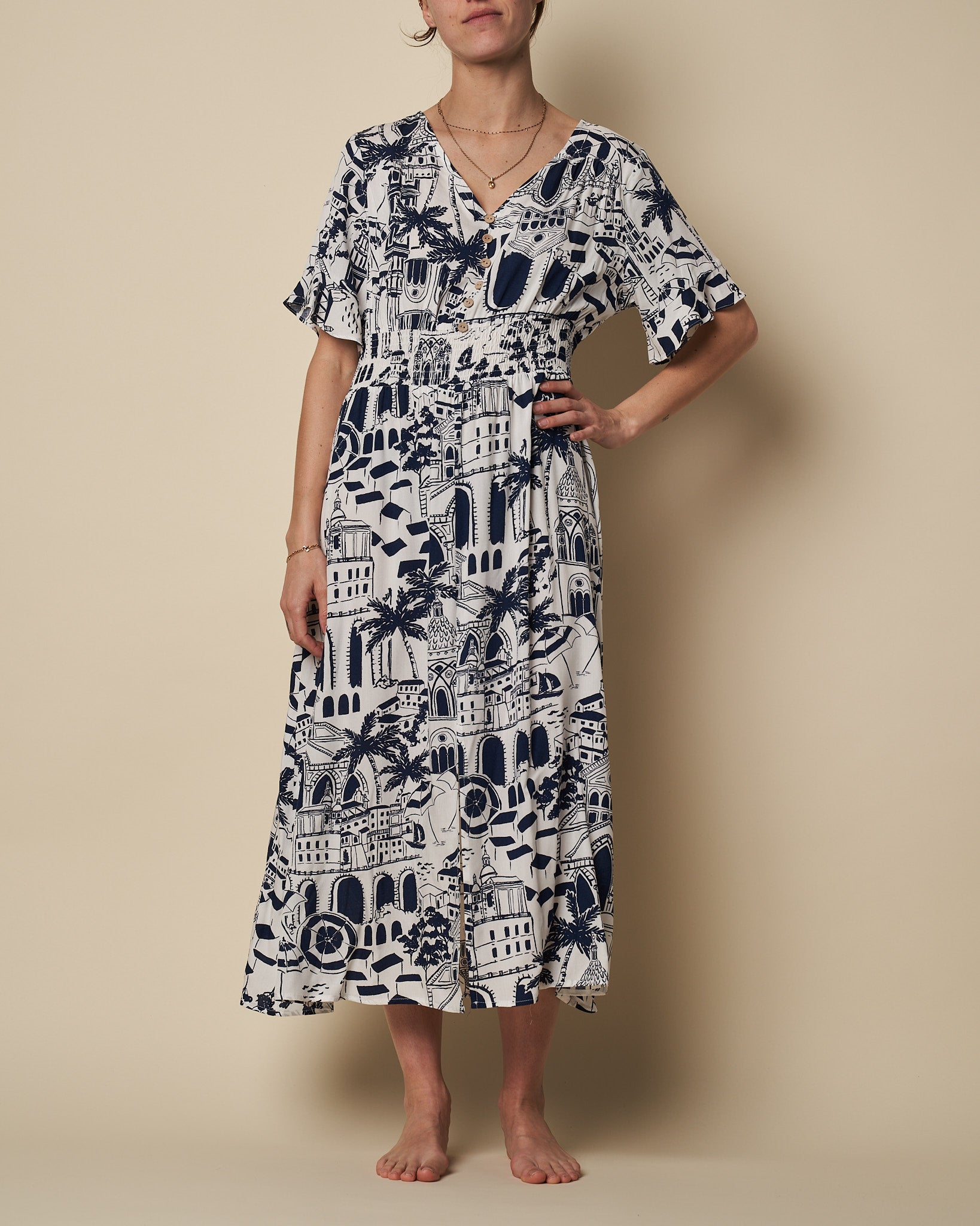 SHIR WAIST LONG DRESS W/ SPLIT