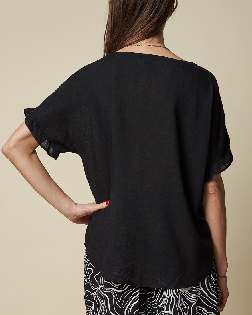 SCOOP NECK TOP W/ FRILLED SLEEVES