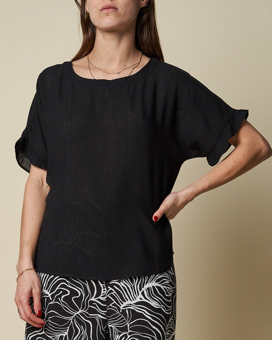 SCOOP NECK TOP W/ FRILLED SLEEVES