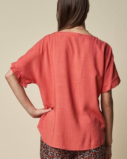 SCOOP NECK TOP W/ FRILLED SLEEVES