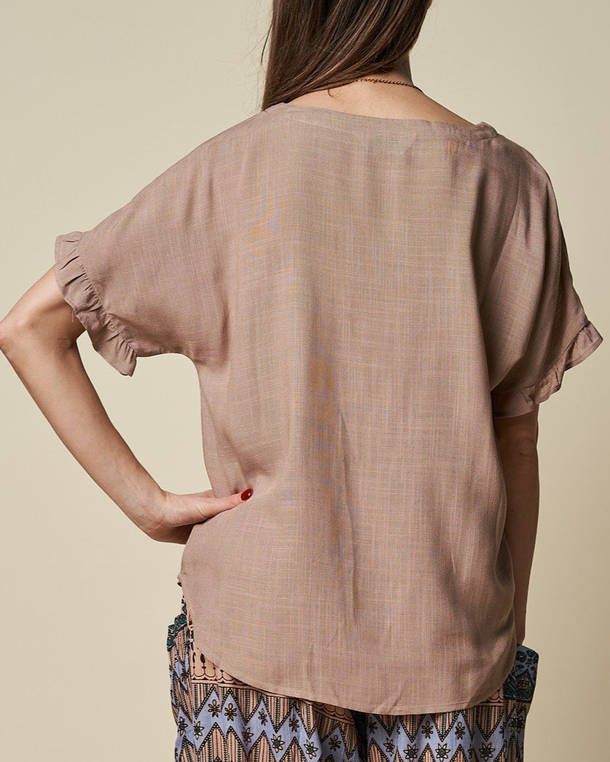 SCOOP NECK TOP W/ FRILLED SLEEVES