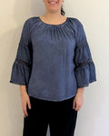 CREW NECK PEASANT TOP W/ LACE TRIM