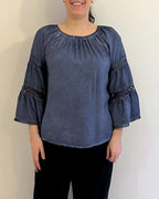 CREW NECK PEASANT TOP W/ LACE TRIM