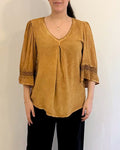 V- NECK PEASANT TOP W/ LACE TRIM
