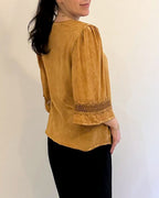 V- NECK PEASANT TOP W/ LACE TRIM