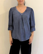 V- NECK PEASANT TOP W/ LACE TRIM