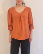 V- NECK PEASANT TOP W/ LACE TRIM