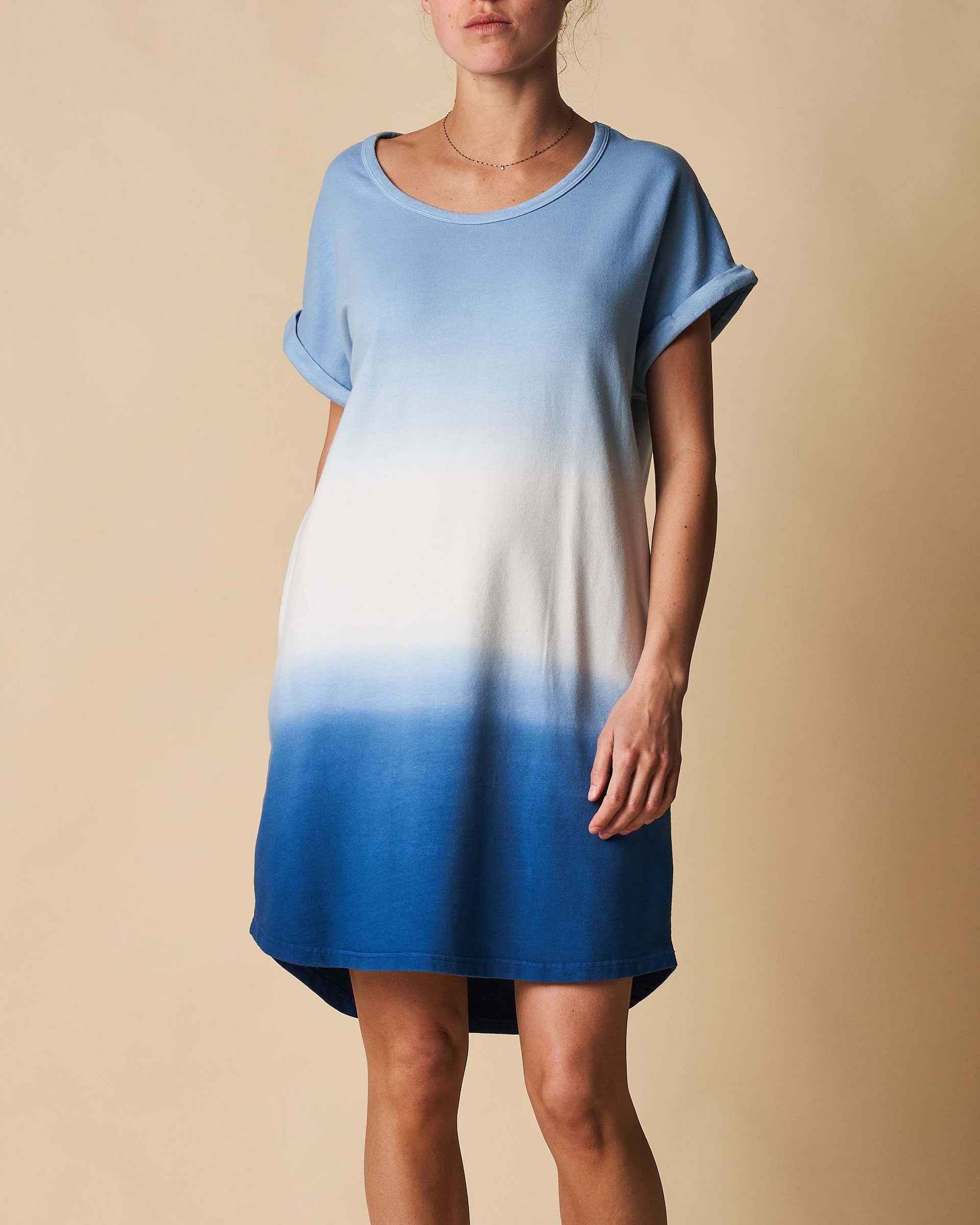 Roll Up Sleeve Slouch Dress With Pockets - Blue