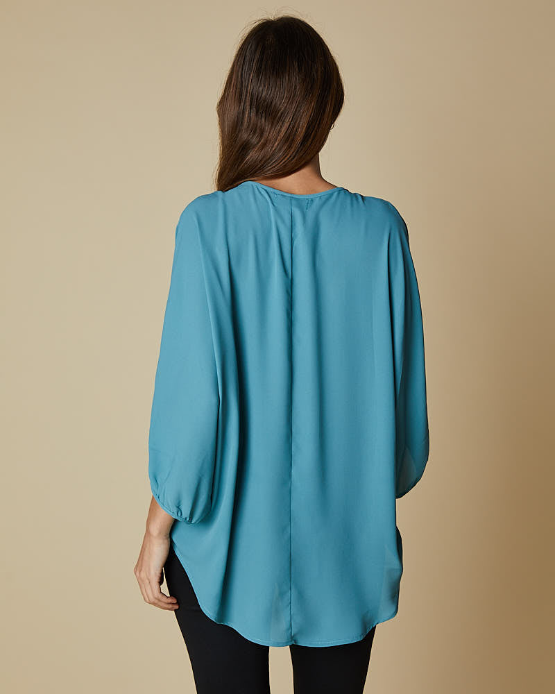 3/4 Sleeve Shirt V-Neck Top - Blue