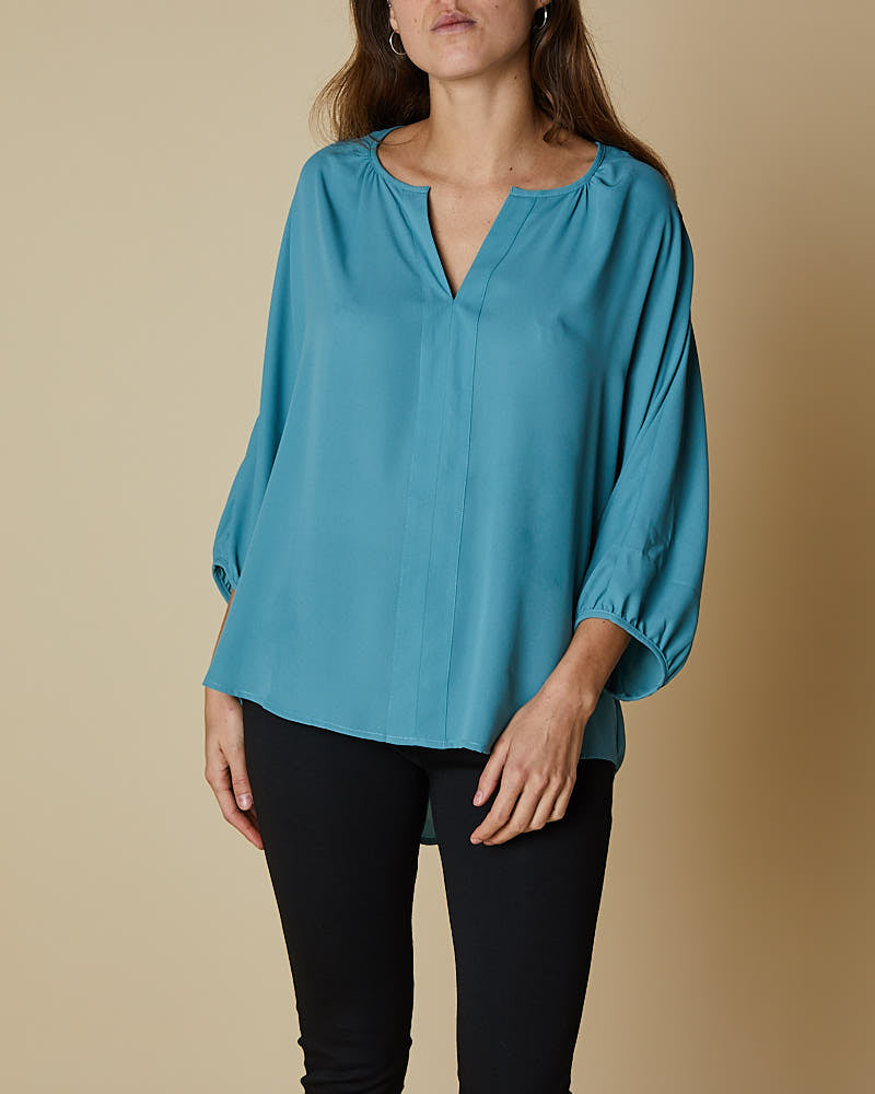 3/4 Sleeve Shirt V-Neck Top - Blue