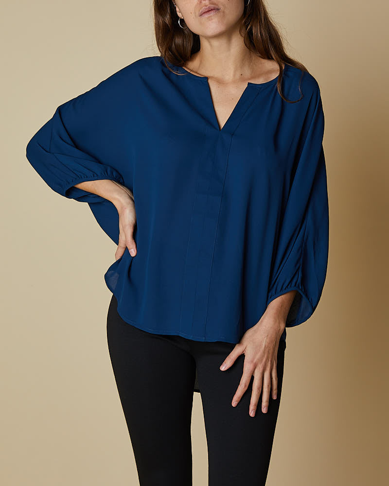 3/4 Sleeve Shirt V-Neck Top - Navy